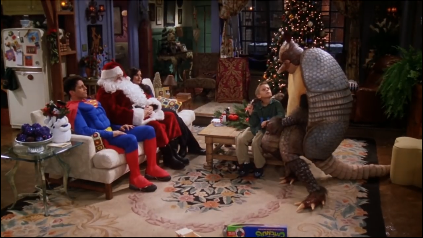 ross as holiday armadillo with chandler monica ben and joey