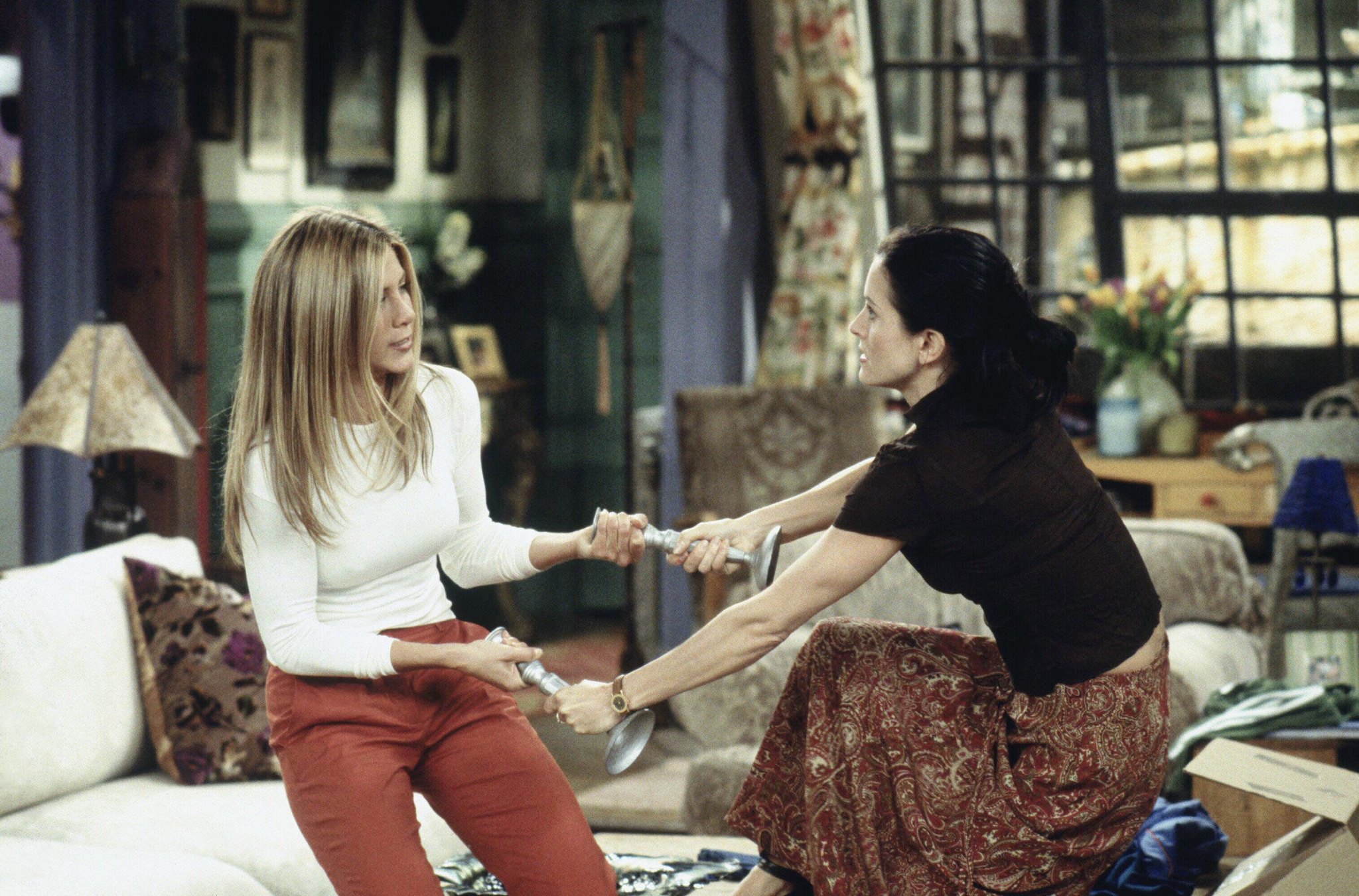 monica and rachel fighting over the prop