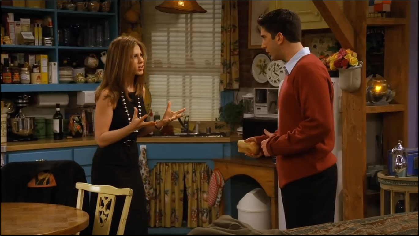 Ross and Rachel fighting at Monica's apartment